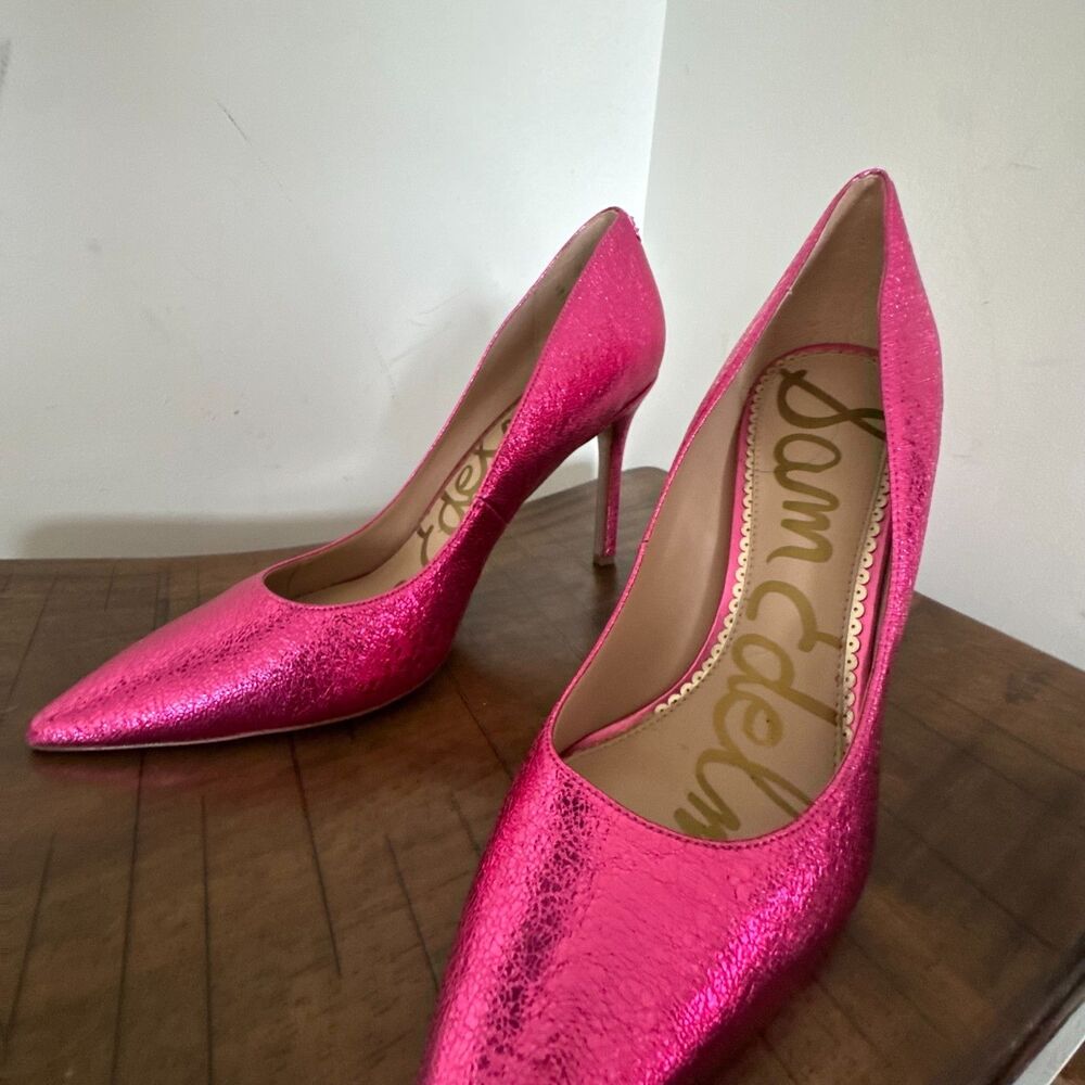 Sam Edelman Pink Metallic Leather Pointed Toe Stiletto Heels Women's 10M - Picture 10 of 11